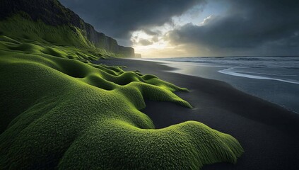 Icelandic black sand beach with green moss at sunset.  Possible use nature background