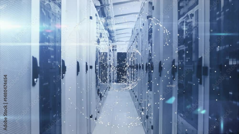 Aufkleber server racks streaming data along corridor, showing floating holographic nodes and cables