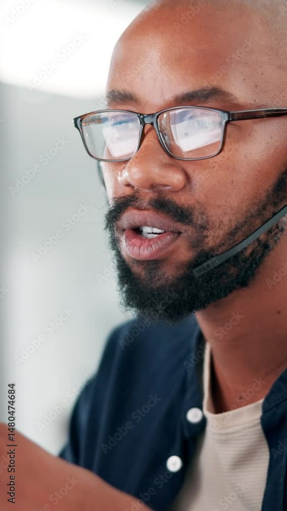 Leinwandbilder communication, contact us and explain with black man in call center for advice or support. customer 