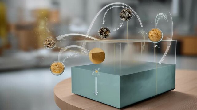 Interactive display of the brewing cycle with animated arrows and graphics superimposed over a fermentation cube illustrating the conversion process of biomass into biobased solvents