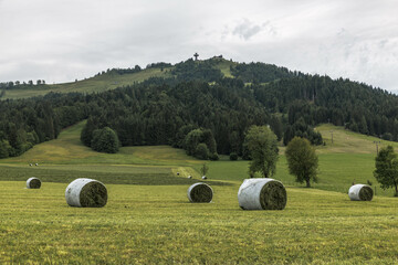 Blick auf die Buchensteinwand mit Heuballen im Vordergrund