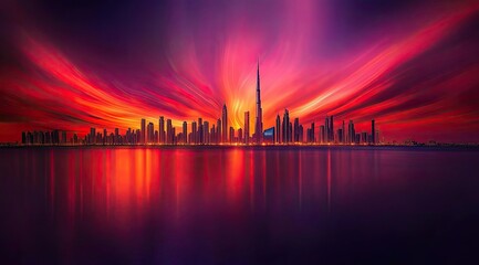 Dramatic sunset over city skyline