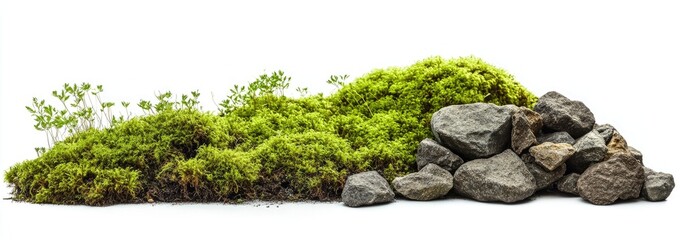 Moss and rocks arrangement on a white background