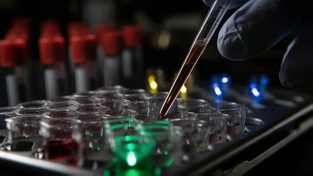 A detailed view of samples being applied to a multiwell plate of quantumdot biosensors showcasing the vibrant hues of the quantum dots in response to different biomarkers.