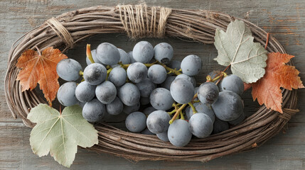 Fresh dark grapes resting in a rustic wicker basket with colorful leaves