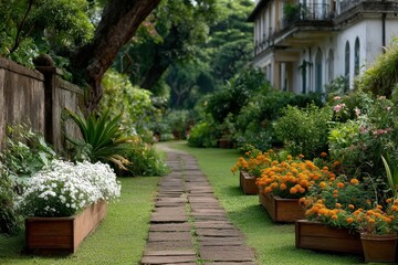 Lush garden pathway adorned with vibrant flowers and greenery during a sunny afternoon