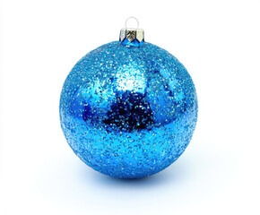 Blue Christmas ornament with glitter and silver top, sitting on white background