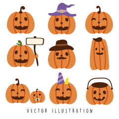 cute halloween pumpkin character set with funny faces on white background