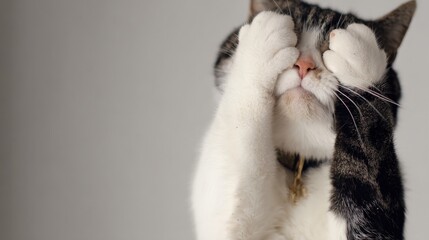 A playful cat with a charming expression, covers its eyes with paws, displaying a moment of shy, bashful or surprise. ..Created with Generative AI, not depicting real subjects.