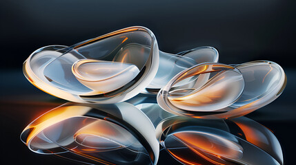 Abstract arrangement of clear translucent shapes with orange highlights on a reflective surface
