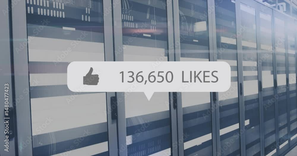 Poster digital notification bubble floating above server cabinets, showing 173,317 likes in 3d render