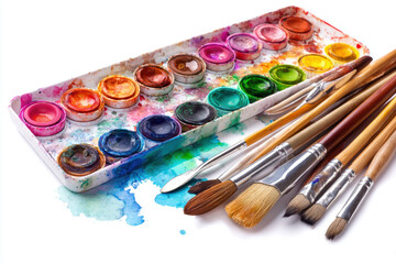 Fototapeta premium Vibrant watercolor palette and brushes ready for expressive painting activities in a creative workspace