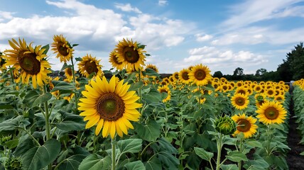 Fototapeta premium Vibrant Field of Sunflowers Under a Bright Blue Sky with Scattered Clouds