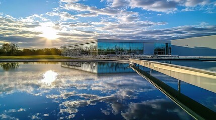 Obraz premium Modern Building with Reflective Water Feature at Sunset