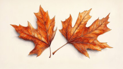 Fototapeta premium Two autumn maple leaves, detailed illustration, light background, fall