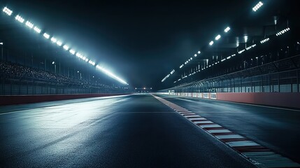 Empty Race Track at Night with Bright Floodlights
