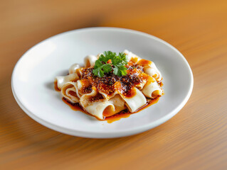Noodles with chili oil and cilantro on a white plate, wooden table background