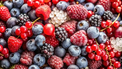 A vibrant assortment of fresh blueberries, raspberries, blackberries, and red currants, creating a stunning display of natural color and texture.