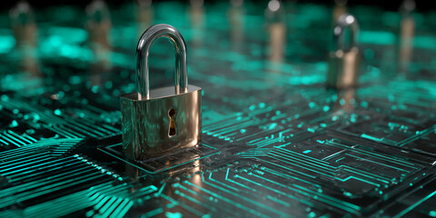 Metallic padlock on glowing teal circuit board, symbolizing digital security and data protection, ideal for tech or cybersecurity concepts