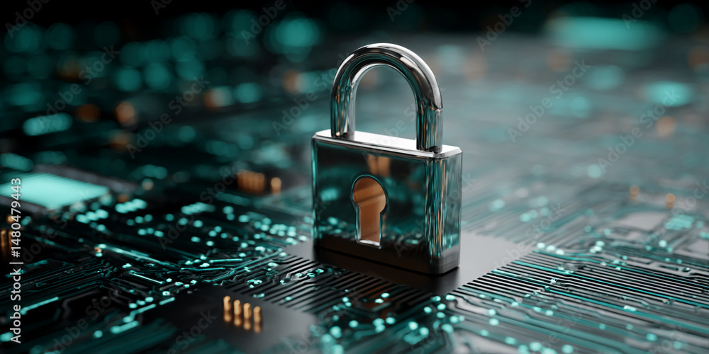 Poster chrome padlock on circuit board, symbolizing digital security and data protection, ideal for tech or