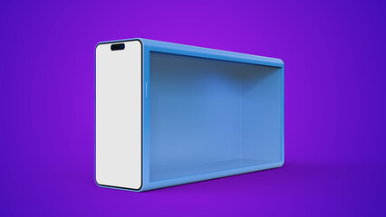 Smartphone with internet shopping showcase store screen isolated on purple background. Online shopping. Virtual purchase retail e-commerce. Digital marketing promotion, online payment, purchase.