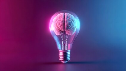 A light bulb with the shape of a human brain inside, set against a neon pink and blue gradient