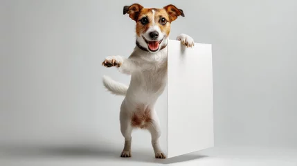 Wandcirkels Dierenarts A cheerful Jack Russell Terrier stands upright, holding a blank sign against a soft backdrop, embodying approachability and playfulness. ..Created with Generative AI, not depicting real subjects.  © Anca