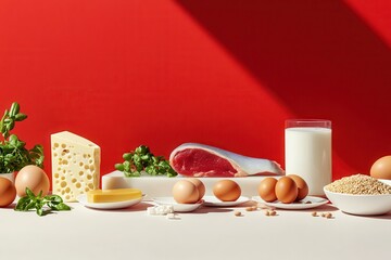 High-protein foods arranged on a white surface against a red backdrop