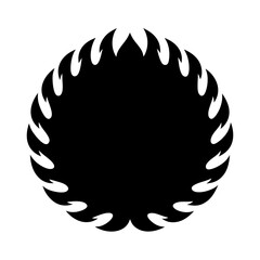 Abstract black and white circular design with flamelike edge pattern graphic