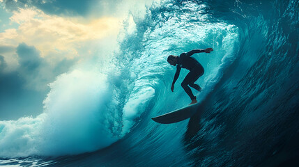 Powerful surfer riding a large ocean wave.