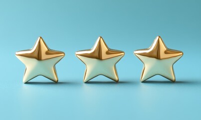 Obraz premium Three gleaming gold stars arranged on a light blue backdrop, showcasing elegance and sophistication. Embodying ideals such as rating, feedback and ranking. 