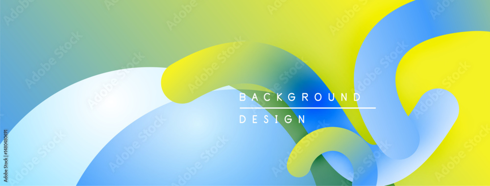 Poster Abstract fluid shapes, vibrant colors blend. Modern design, smooth gradients create dynamic visual effect. Background features text elements.
