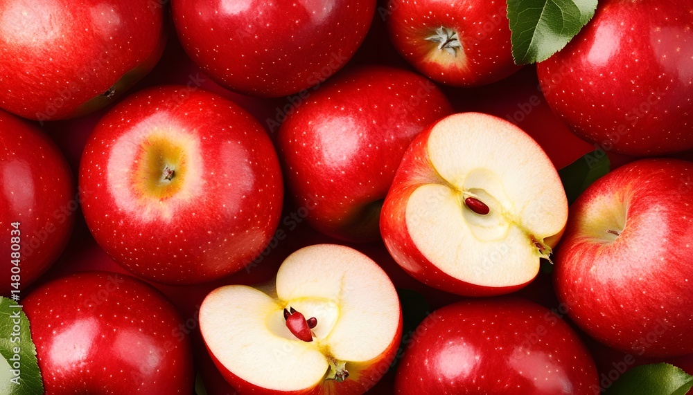 Poster close-up view of many red apples and halved ones.