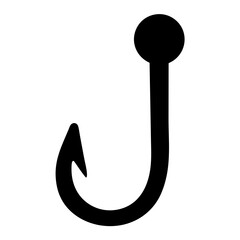 A simple black silhouette drawing showing a fishing hook on white backdrop