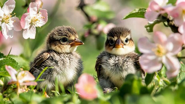 two baby sparrows surrounded by spring blossoms, perched in vibrant foliage and sunlight