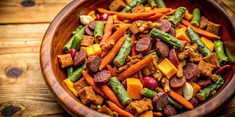 A wooden bowl overflowing with a colorful medley of crunchy treats, including diced carrots, green beans, sweet potato squares, and savory bites.
