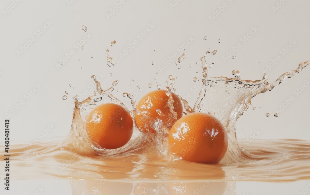 Poster three oranges splashing into juice