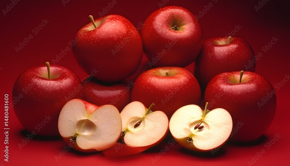 Poster pile of red apples with slices displayed.