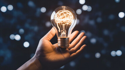 Hand Holding Glowing Light Bulb with Brain-Shaped Filament Against a Dark Background with Bokeh Lights Representing Innovation and Creativity