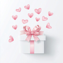 White gift box tied with a pink ribbon, heart-shaped balloons float above