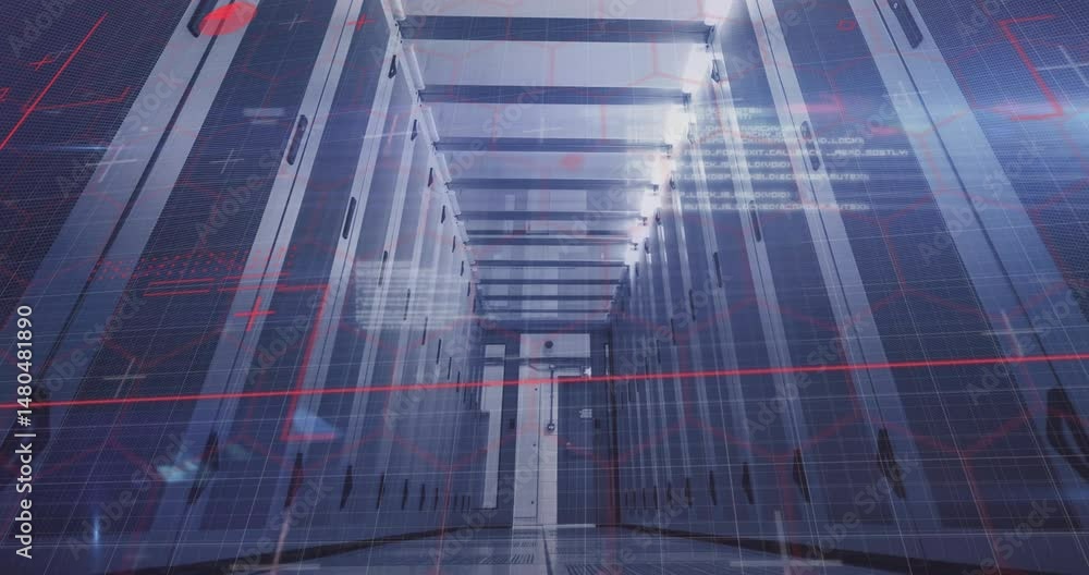 Poster symmetric server corridor displaying mesh racks, overhead beams, subtle code effects and red grids