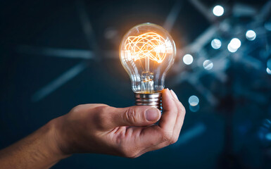 Hand Holding Glowing Light Bulb with Brain-Shaped Filament Against a Dark Background with Bokeh Lights Representing Innovation and Creativity