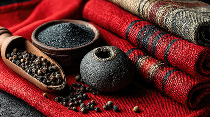 Ground and whole peppercorns with textiles on red fabric
