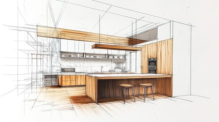 Architectural Sketch of a Modern Kitchen Design