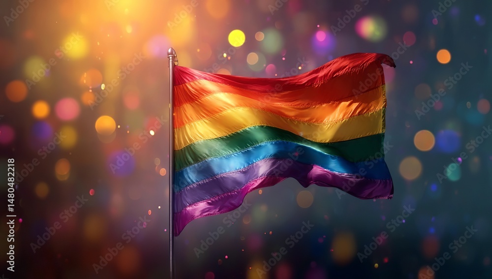 Poster a rainbow flag is waving in the wind, surrounded by colorful bokeh lights. this symbolizes