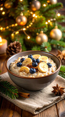 Fototapeta premium Steaming Bowl of Oatmeal with Sliced Bananas, Blueberries, and a Sprinkle of Cinnamon
