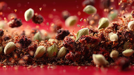 Macro shot of spices, herbs, and seeds scattered, with a red background