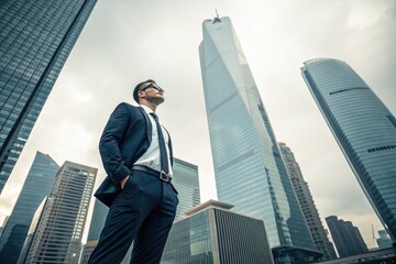 Confident Businessman Stands Under a Cloudy Sky in Cityscape Generative AI