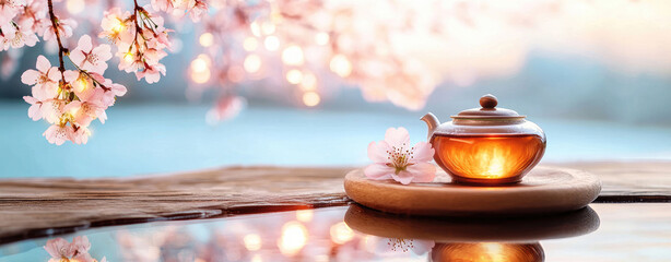 Serene scene tea set on a wooden tray with cherry blossoms. Tranquil, warm light, soft reflection