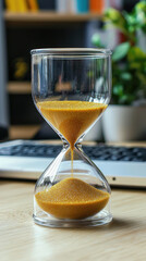 A close-up of an hourglass with sand falling into a pile; on a desk with plants